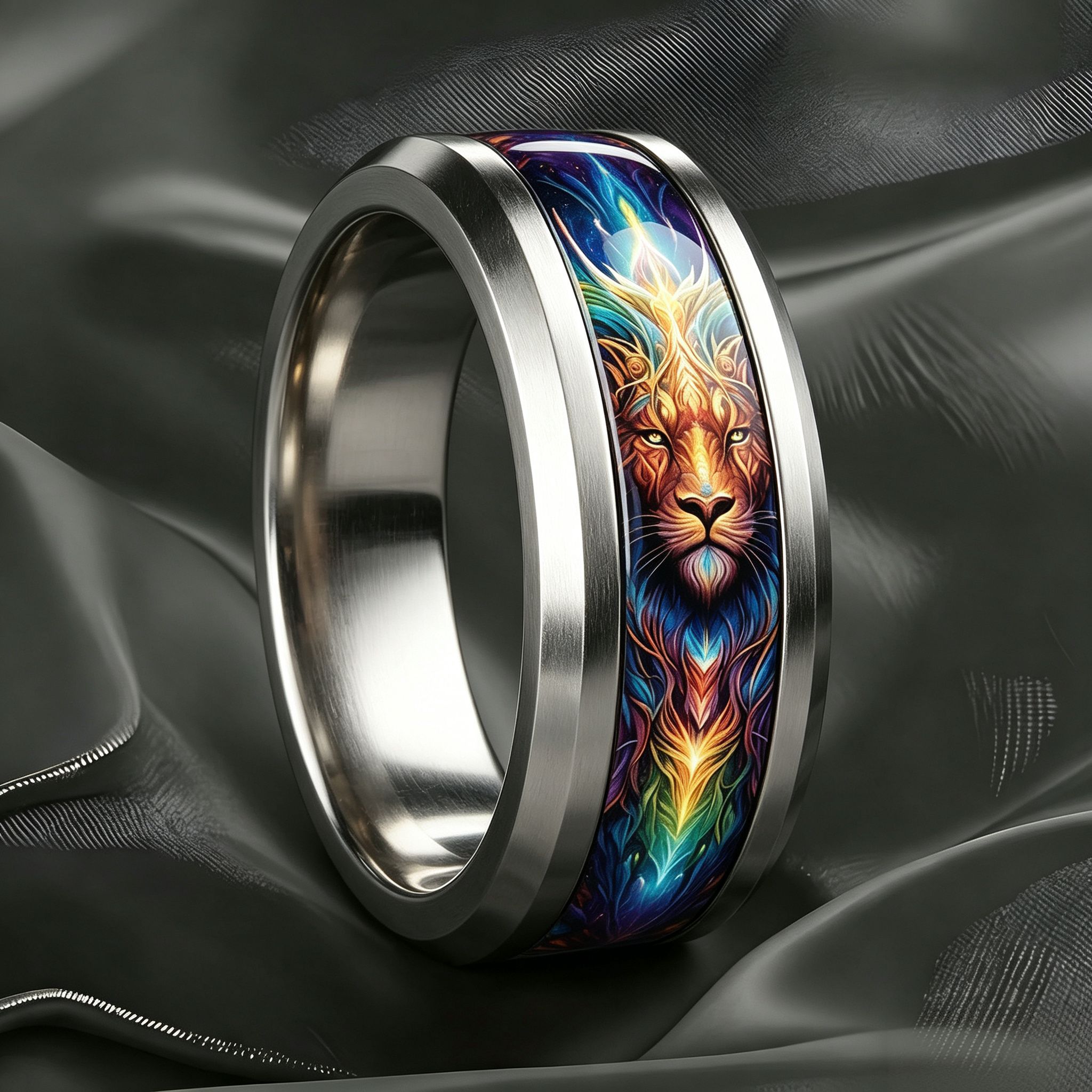 Neon Iridescent Lion Theme Ring, 8mm