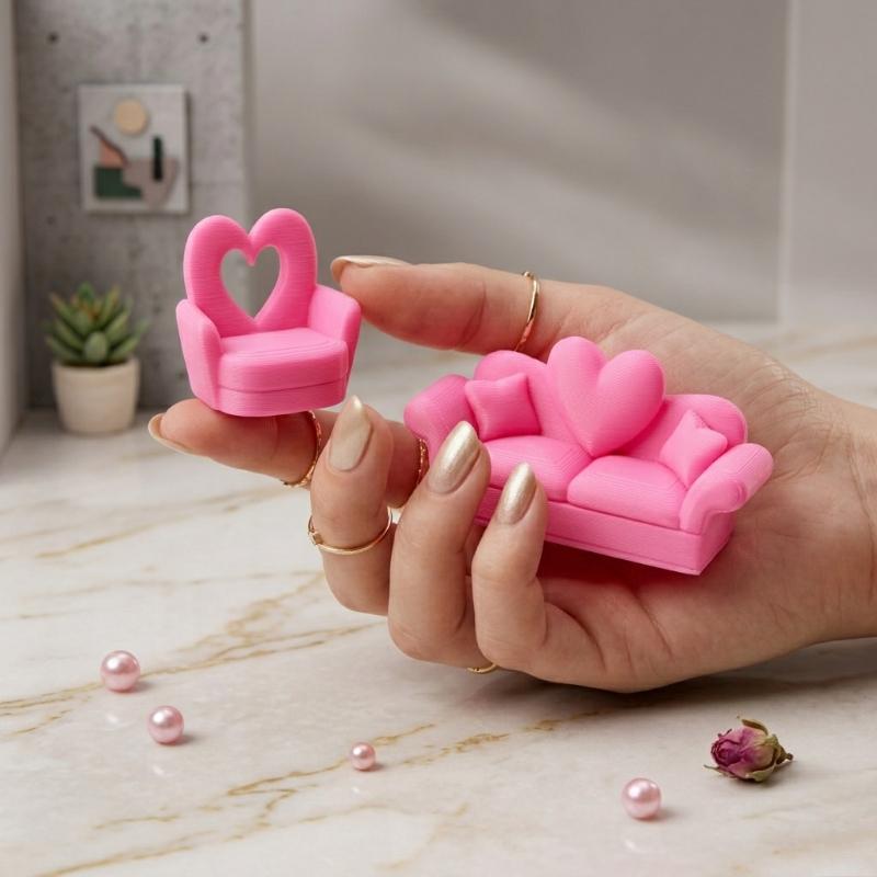 3pcs Dollhouse Set: Heart-Back Double Sofa & Two Chairs