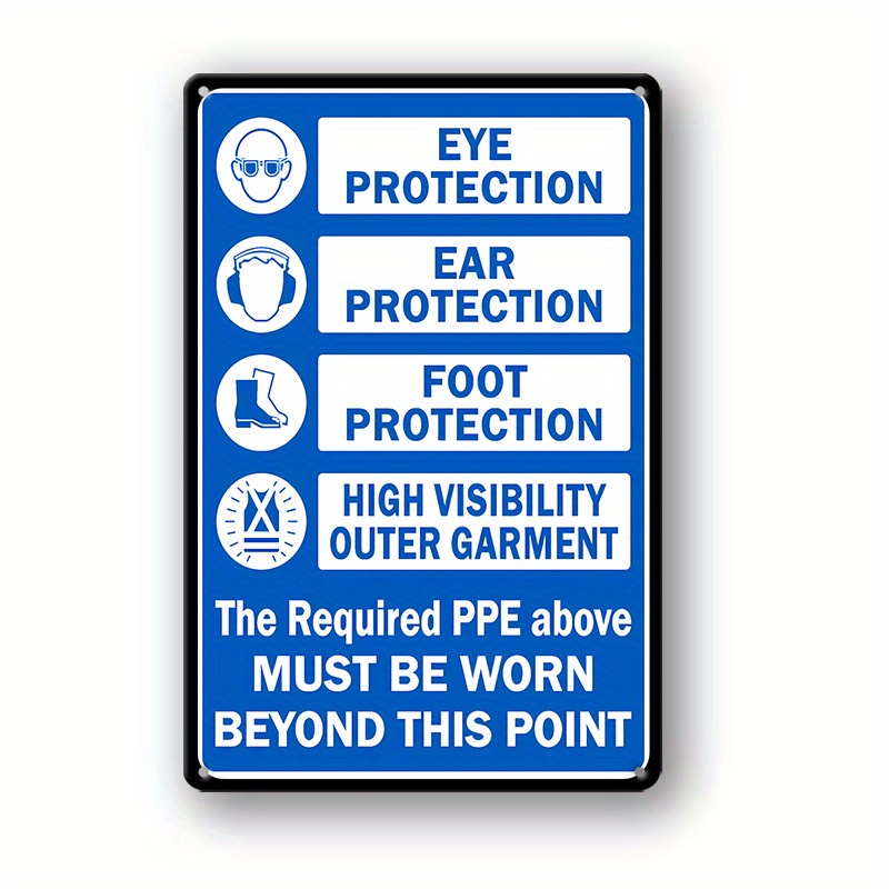 TEMU 2d Flat Vintage Industrial Safety Aluminum Sign Eye Ear Foot Protection Ppe Required Workplace Decor Heavy Duty Blue White Warning Plaque Pre