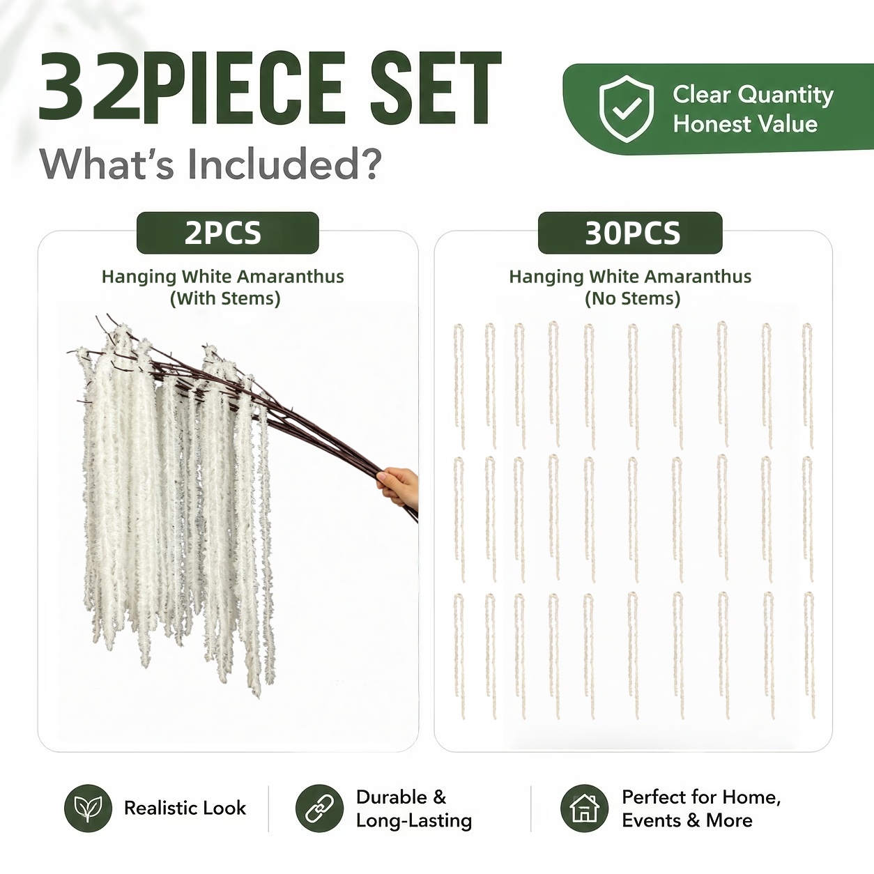 TEMU 32pcs Set - Artificial White Amaranth - Elegant White Wisteria Hanging Flowers, Suitable For Bohemian Home, Parties, Wedding Centerpieces,