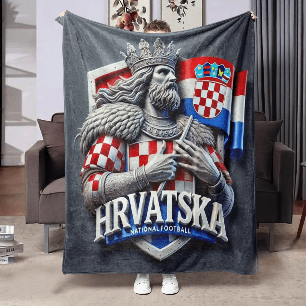 

1pc Hrvatska National Football Theme Flannel Throw Blanket, , Soft Polyester Knit, Lightweight , For Couch, Home Decor, Camping