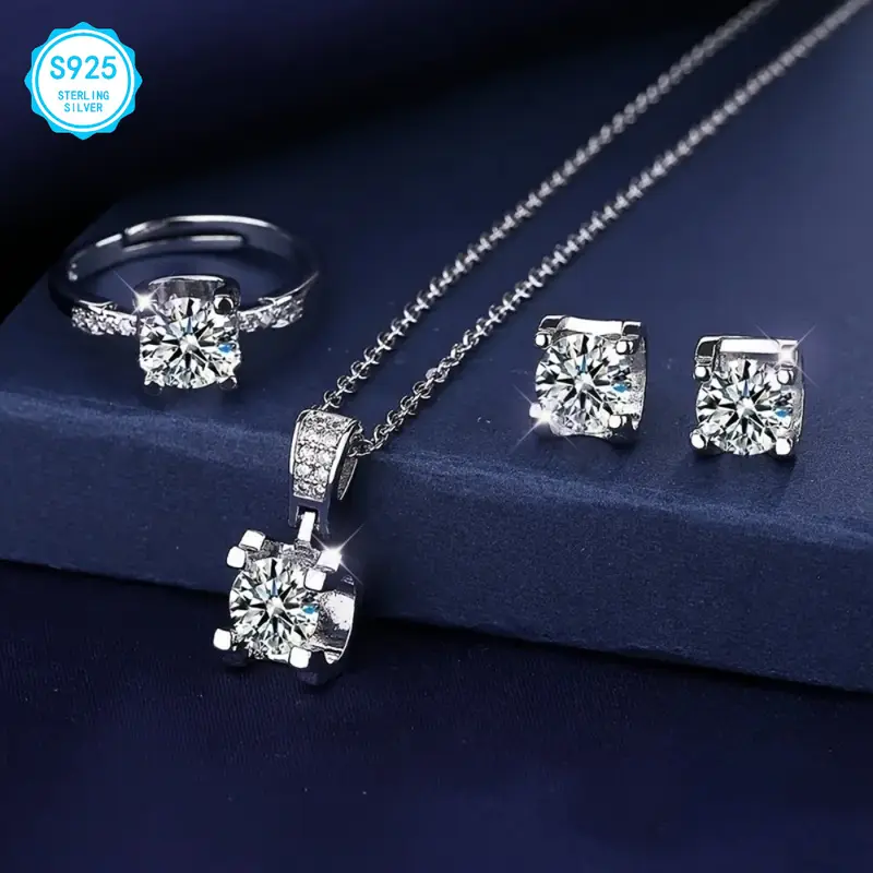 925 sterling silver moissanite jewelry set easter gifts for women luxury necklace earrings ring set hypoallergenic nickel wedding jewelry elegant gifts for mom wife her Product details 1