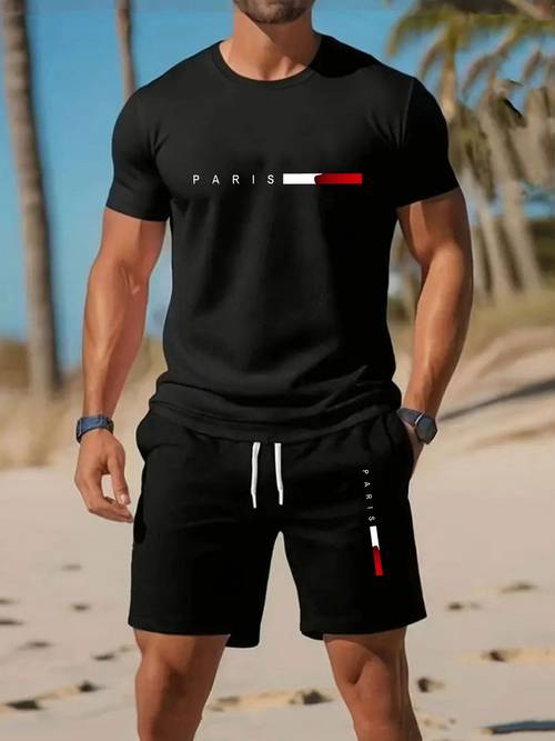 2026 western youth summer mens short sleeve t shirt and drawstring shorts casual 2pcs outfit fashionable comfortable daily outing wear trendy essential holiday gift
