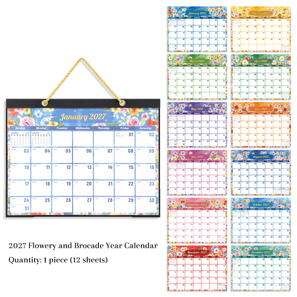 TEMU Calendrier Mural Fleurs 2027 Vintage Janvier à Décembre, Organisateur Mensuel avec Fleurs Colorées pour Décoration de Bureau, École et Maison,