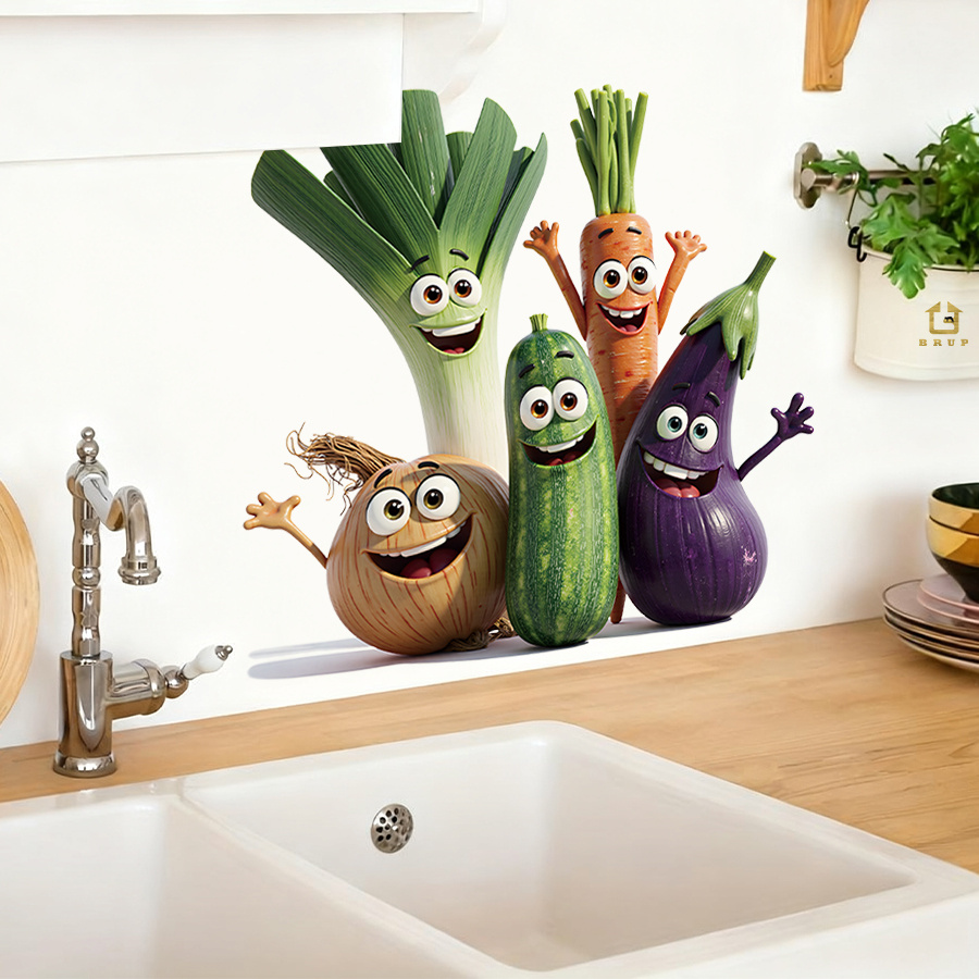1 Sheet 2d Flat Printing Funny Cartoon Vegetables Wall Decals Removable Self Adhesive Kitchen Backsplash Kids Bedroom Dining Room Home Decor
