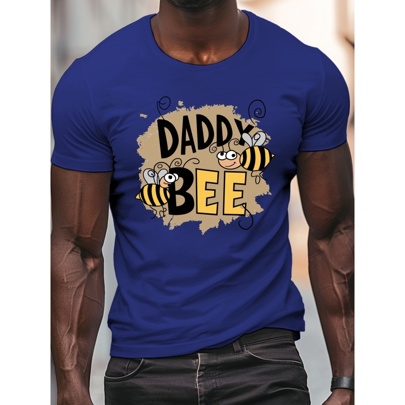 

Men's "daddy Bee" Graphic Tee, Casual Crew Neck Short Sleeve T-shirt, 100% Polyester Knit Fabric, Stretch, Regular Fit, Summer Lightweight Top - Geometric