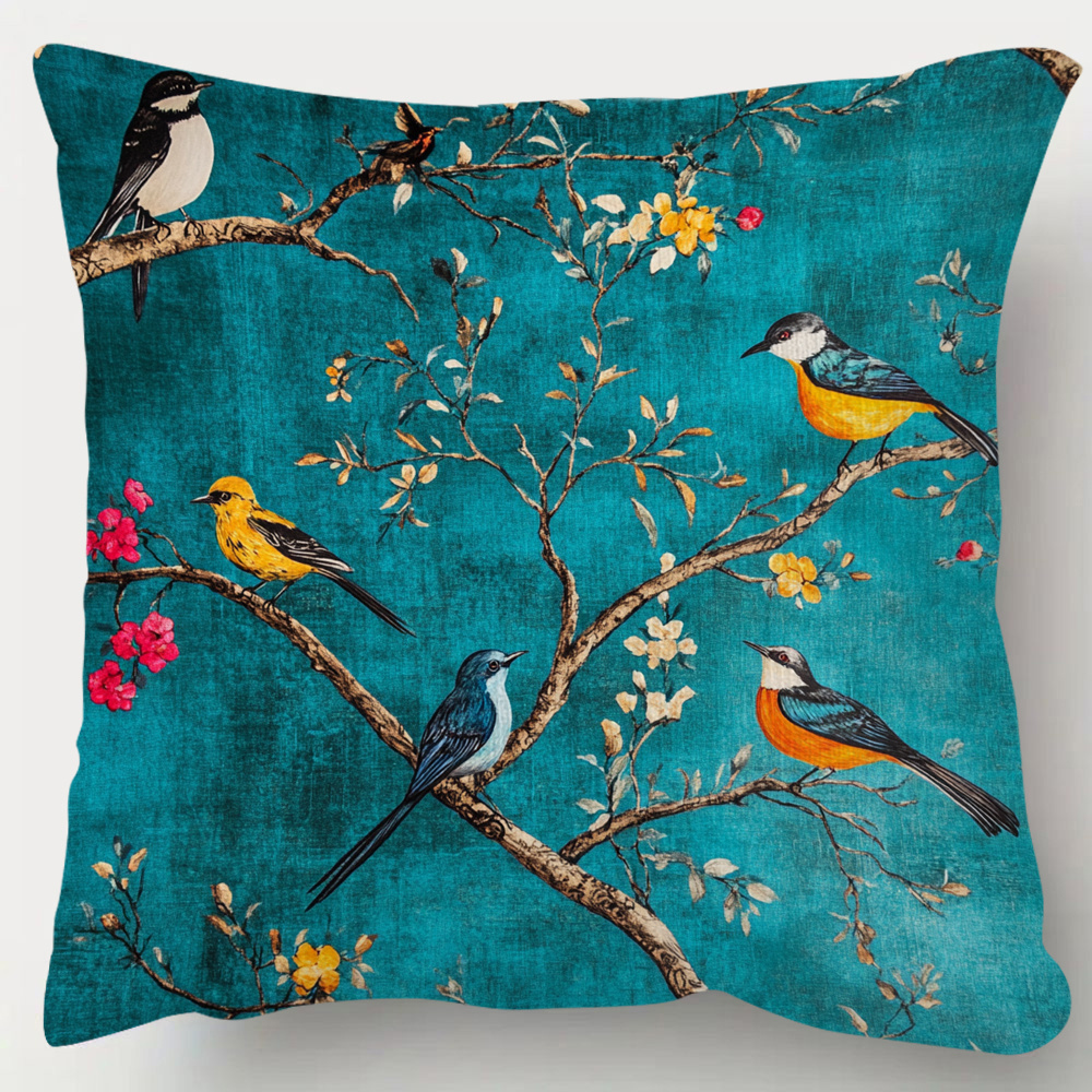 TEMU 1pc Teal Chinese Bird Cushion Cover - Traditional Asian Bird & Foliage Print Soft Polyester Plush Pillow Case Suitable For Sofas, Beds, Chairs,