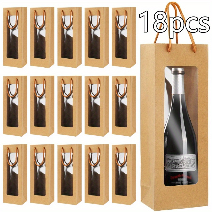 18 pack elegant wine bottle gift bags heavy duty   paper bags with clear window twine handles brown wine bottle packaging for wedding favors party decorations gift wrapping wine bottle bags wine gift bag