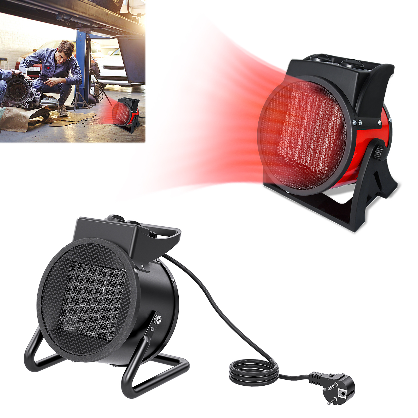 2KW PTC Electric Heater with Adjustable Angle HVAC High-Performance 4-Speed Fan Heater, 220V-240V 50Hz Heavy-Duty Workshop Heater with Overheat Protection, 180m³/h Airflow & 4 Heat Settings for Garage, Construction Site, Large Room Heating (Black/Red) - Ideal for DIY, Workshops, Warehouses - Energy-Efficient PTC Heating Element, Compact Design with Adjustable Angle (0°-40°)