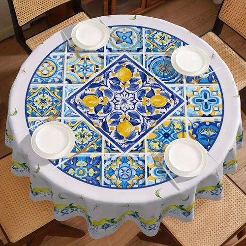 1pc 2d printed 59x59in 150x150cm french style tablecloth with lemon and floral patterns featuring and making it a versatile table decoration suitable for summer dining parties and home decor