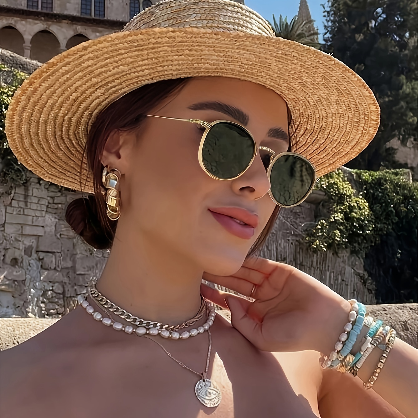 a pair of vintage round frame stylish glasses unisex metal hinges pc lenses lightweight and fashionable casual wear decorative eyewear with golden accents glasses   durable glasses