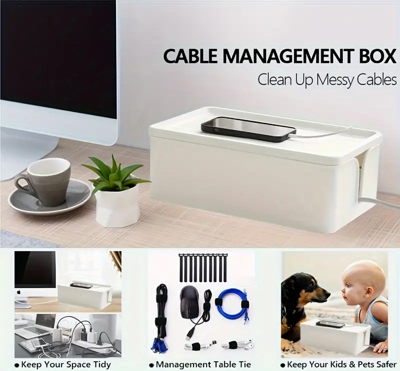 durable pvc multi compartment cable organizer white office desk power management drawer home charger electronic accessories storage box Product details 0
