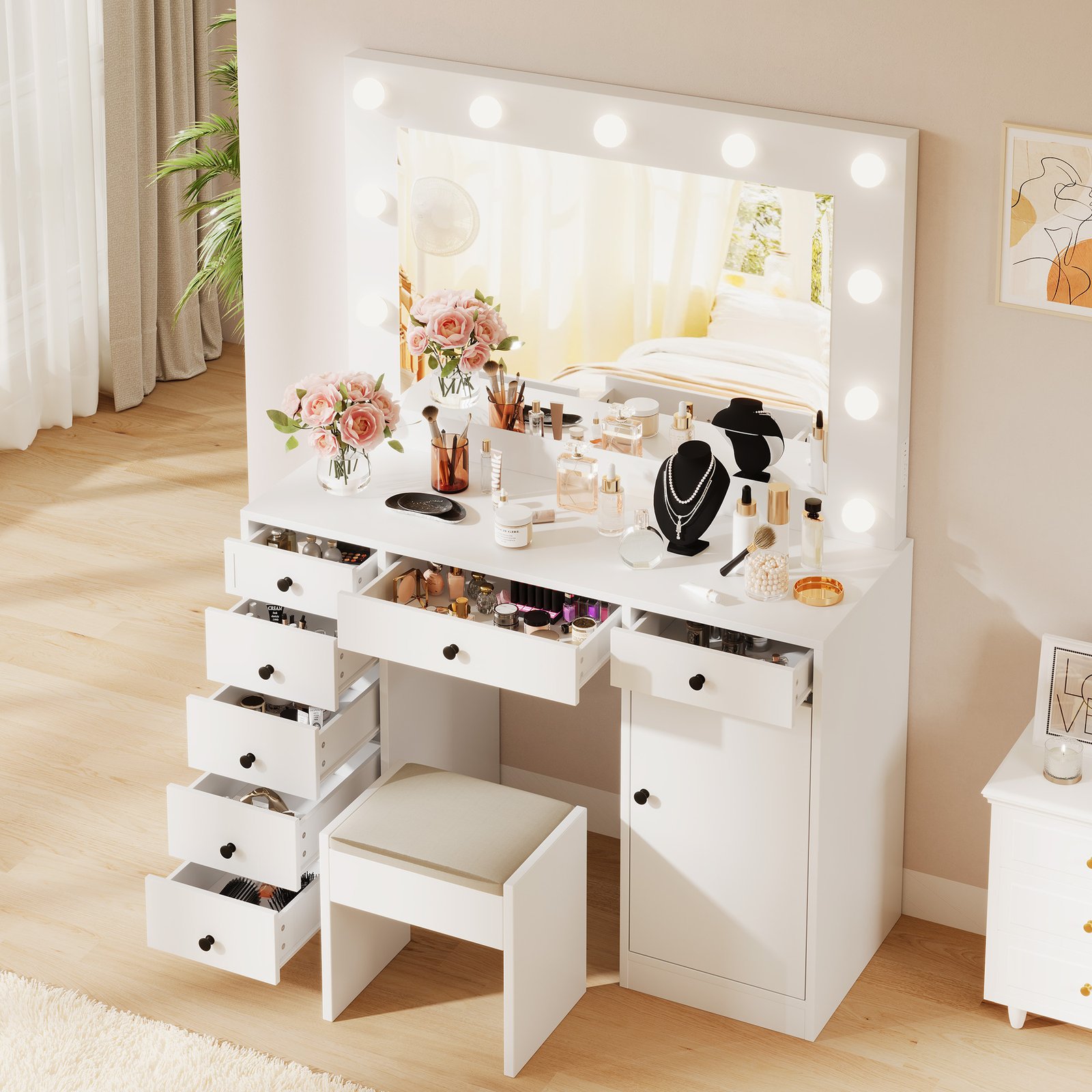 White Makeup Vanity With Mirror, Vanity Desk With 7 Storage Drawers And 1 Cabinet. Large Table Top, Space Saving, Home Organizer.