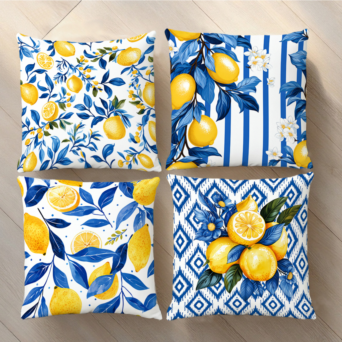 TEMU Set federe per cuscini 2D con stampa di foglie blu e limoni, misure multiple, stampa su un solo , senza imbottitura, adatte per soggiorno, di