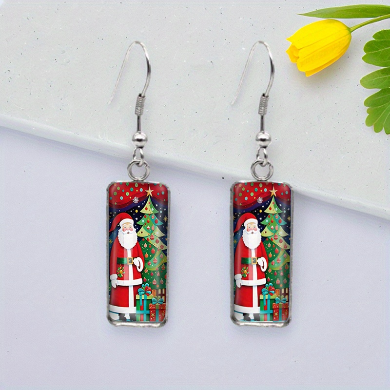 TEMU Cartoon Santa Claus And Christmas Tree Picture Rectangular Glass Cabochon Stainless Hook Earrings Fashion Accessories Birthday Holiday Party