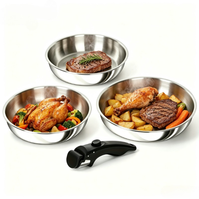 Dotocook Steel Pot Set, Wok And Stew Pot Set, Induction Cookware For Home And Rv Camping, Stackable Cookware With Removable Handles, Oven Safe.