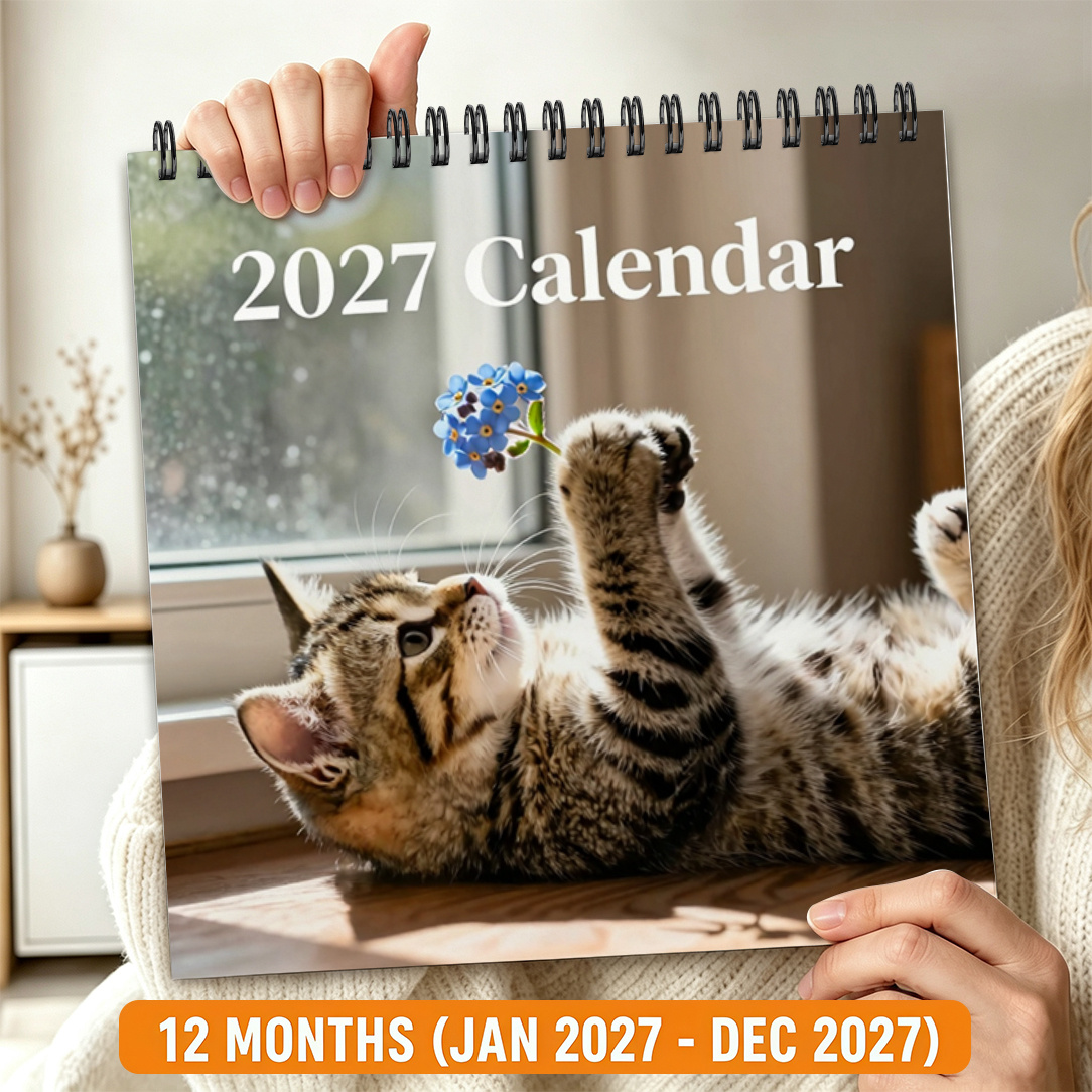 TEMU 2d Flat 1pc 2027 Calendars, Wall Calendar, Desktop Calendar, Cat Playing With Flowers , Warm Real Style, Christmas New Year/halloween,