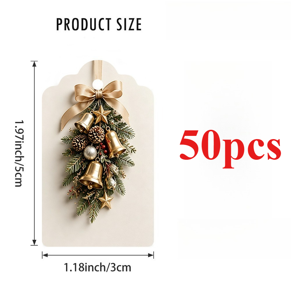 TEMU 50pcs Christmas Themed 2d Gift Tags, Featuring Evergreen Branches With Decorative Metal Bells, Pine Cones, Spherical Ornaments, And An Exquisite