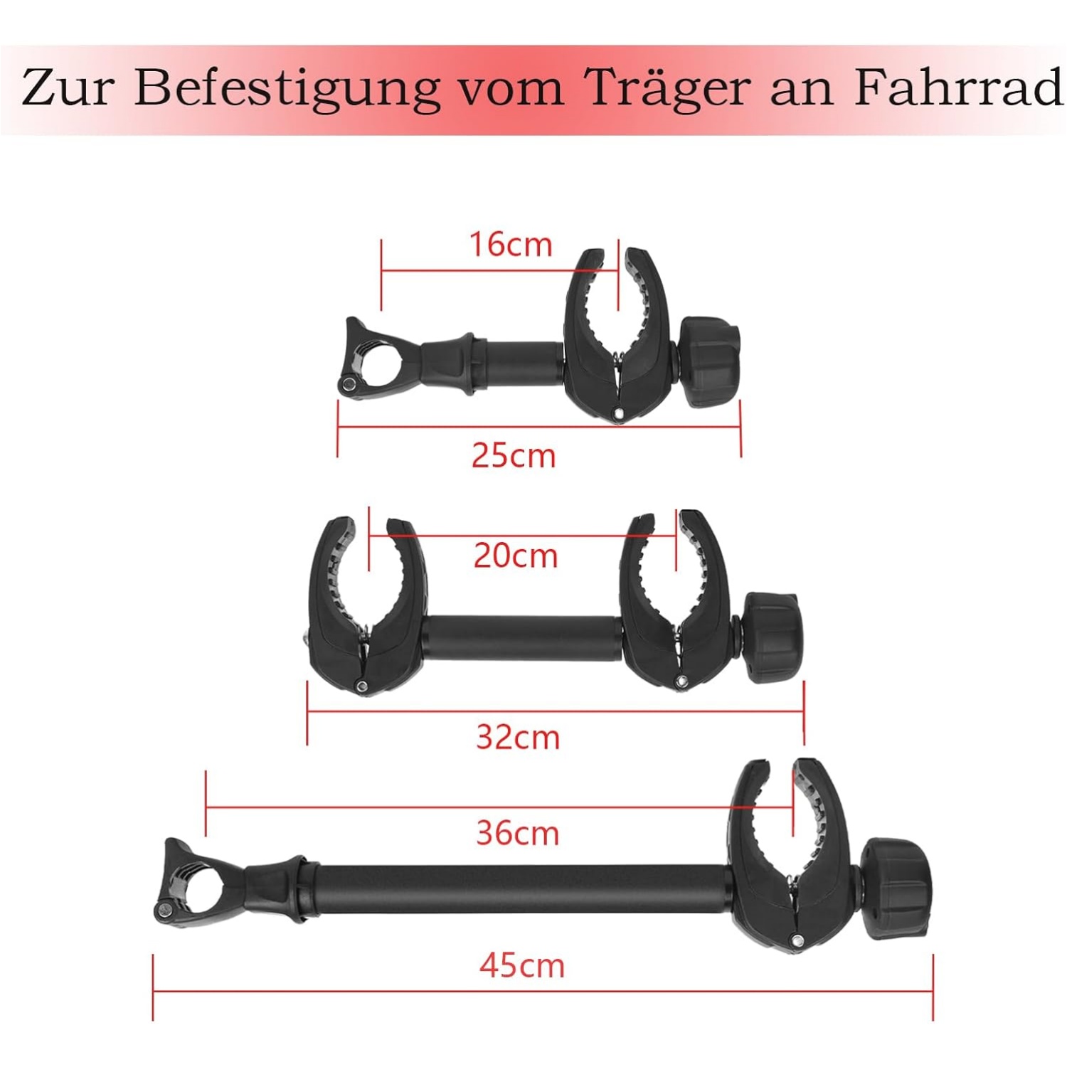 E-shop 3 Stück schwarze Rahmenhalterungen, Fahrradhalterungen, Fahrzeugklemmen, verriegelbar, geeignet für U-förmige Hakenrohre, inklusive drei Längen: