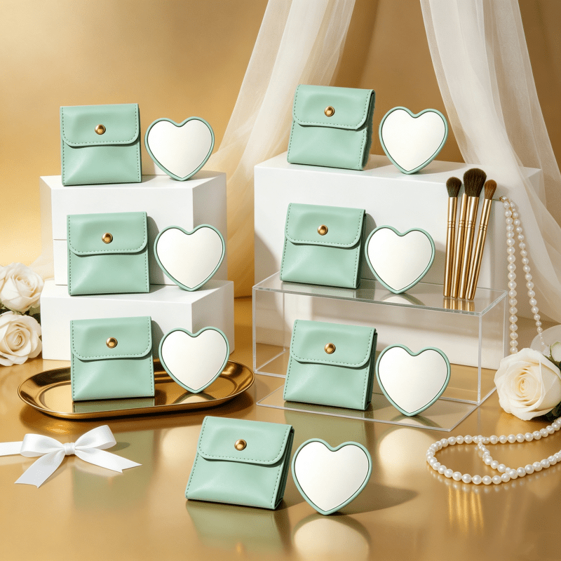 7pcs Green Heart-Shaped Portable Makeup Mirrors with Makeup Bags