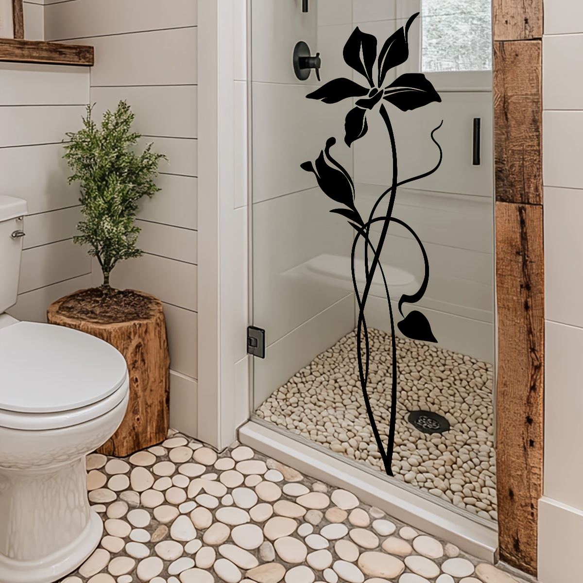 TEMU 1pc Of 27*82cm Minimalist Black Floral Silhouette Glass Sticker, Self-adhesive, Bathroom Privacy Decoration Sticker