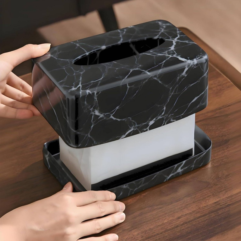 1pc black marble tissue box holder & napkin dispenser with golden   - modern rectangular   top, glossy   marble design, space-saving organizer for bathroom, bedroom, kitchen, or restaurant - durable & easy- , crystal material-like texture (no lead/crystal) - elegant marble countertop dispenser box with   & sturdy base for tissues or napkins Product details 4
