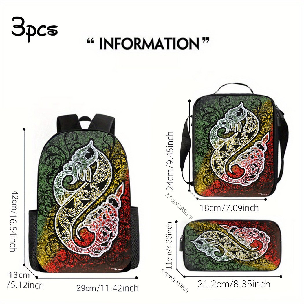 TEMU Travel Commuting Holiday Gift 3pcs New Zealand Maori Style Themed Unisex Backpack, Featuring A Easy And Stylish Design, Serves As An Excellent