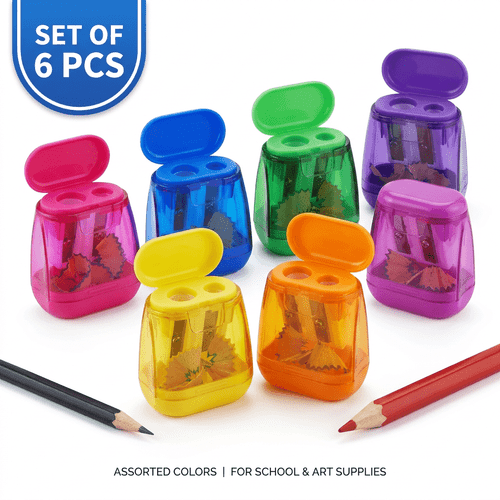 6pcs dual hole pencil sharpener set with storage box random color manual pencil sharpener suitable for school classroom art supplies portable pencil sharpener suitable for standard and jumbo pencils back to school student stationery gift