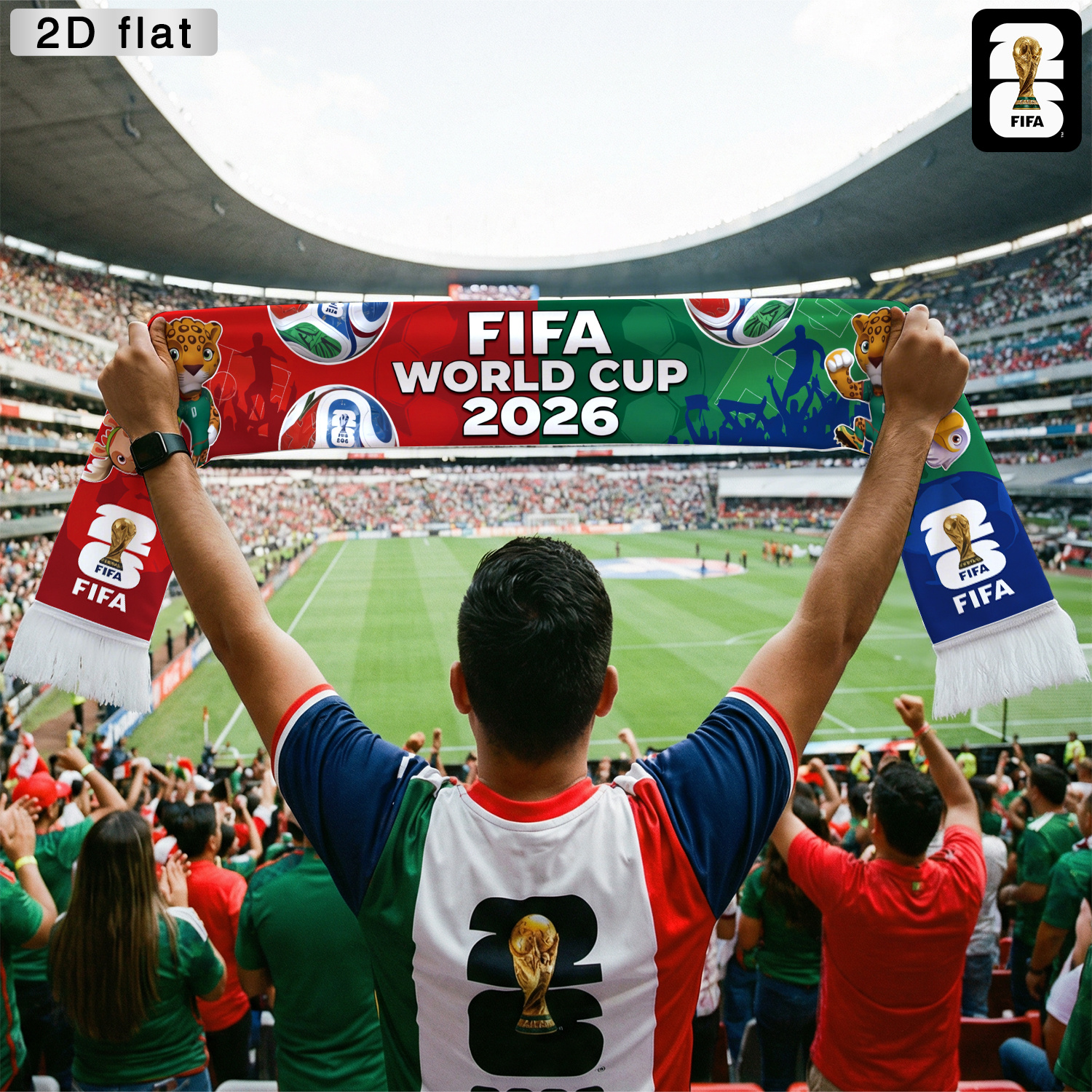1pc 2026 FIFA World Cup Spectator Scarf (With Tassels), Mascot And Football Design, Red, Blue And Green Color Scheme, an Essential Cheering Accessory, Supporter'S Flag, Polyester