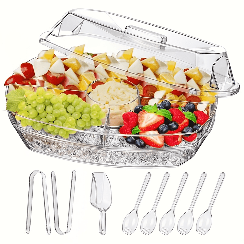 TEMU 5-compartment Transparent Lunch Box With Lid & Layered Ice Preservation Suitable For Fruits, Vegetables, Salads - Plastic Container For Picnic,