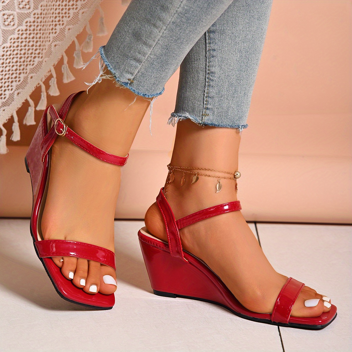 Stylish Women's Summer Wedge Sandals Square Toe, Ankle Strap Cover,  Red, Casual Platform Heels with Rubber Sole Outdoor Events an