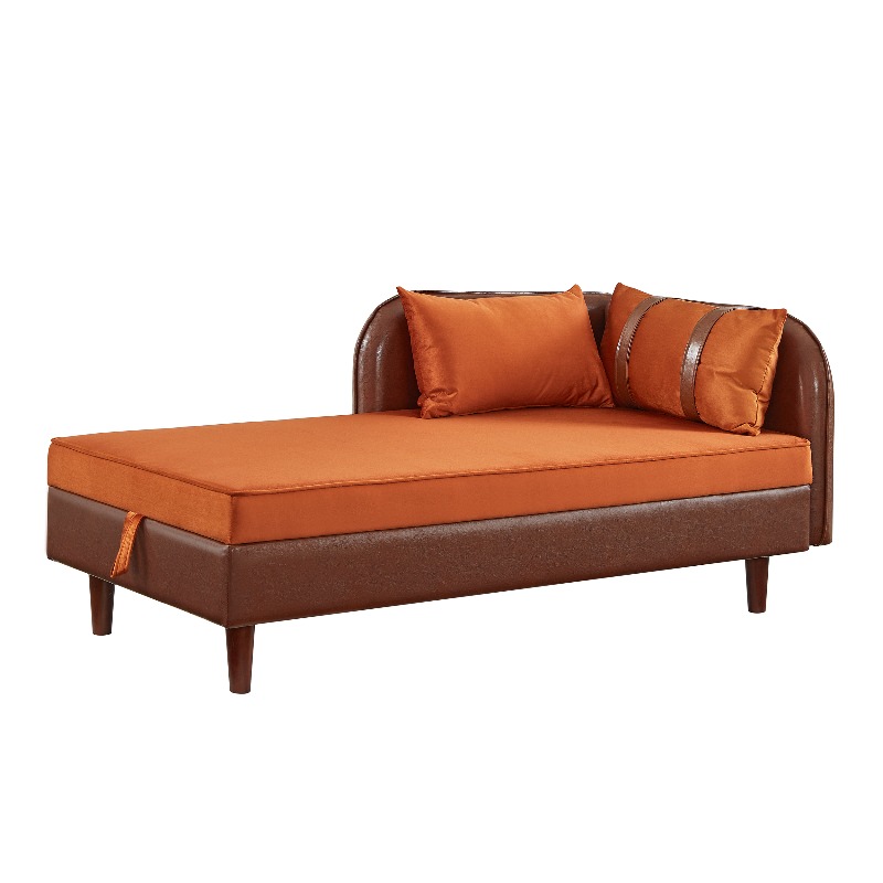 65-Inch Storage Chaise Lounge Sofa in Brown PU And Orange Velvet