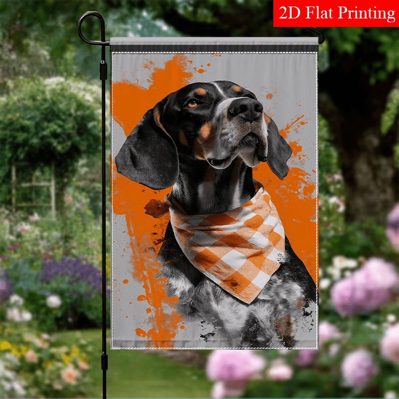 TEMU 2d Flat - 2d Flat - 1pc A 2d Flat Garden Flag Featuring A Coonhound With An Orange And White Checkered Bandana. This Of Durable Polyester,