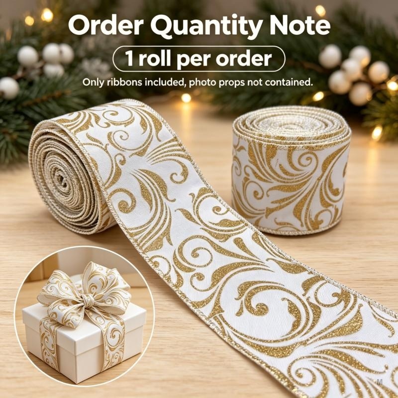 TEMU 5 Yards 2.5 Inch 63mm Polyester Printed Ribbon Christmas Golden Scroll Swirl Pattern Bow Ribbon For Holiday Party Decor, Farmhouse Home Decor,