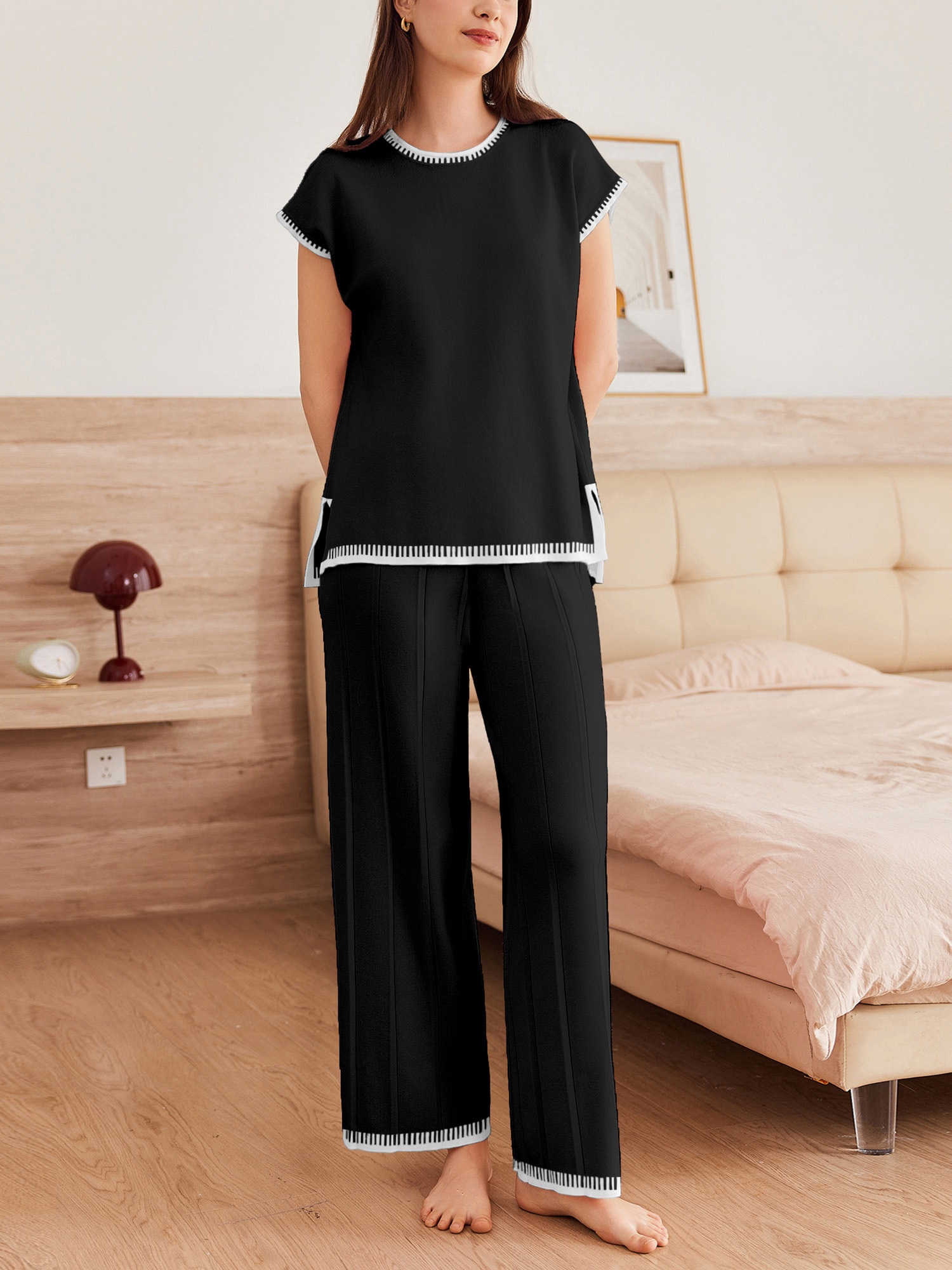 cozy women's striped knit sweater set long sleeve round neck top