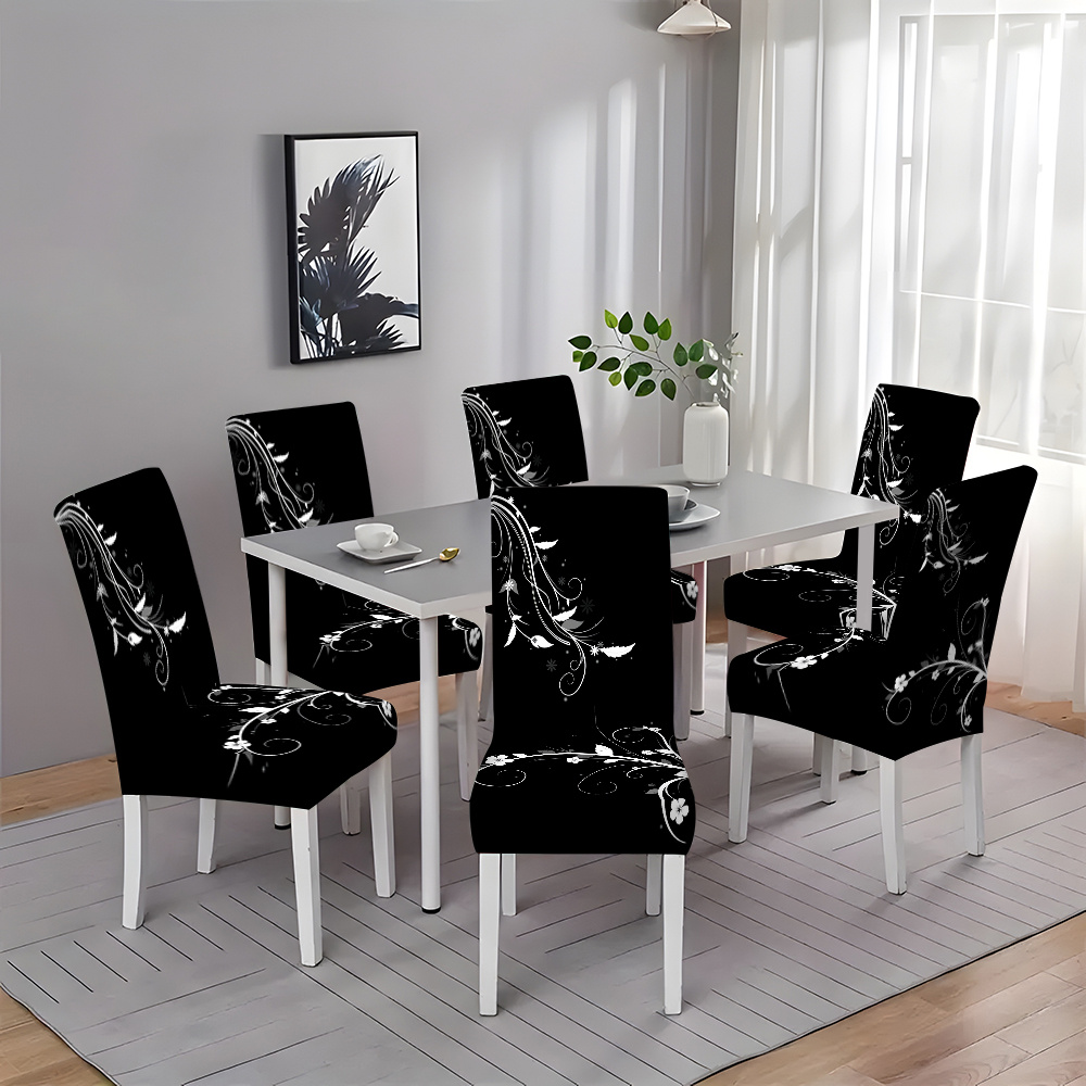 

2/4/6pcs Modern Black Floral Pattern Stretch Printed Chair Covers, Hand Wash Only, Band Closure, Fabric, 120-140g Square Gram Weight, Suitable For Home, Hotel, Dining Room, Kitchen Decor