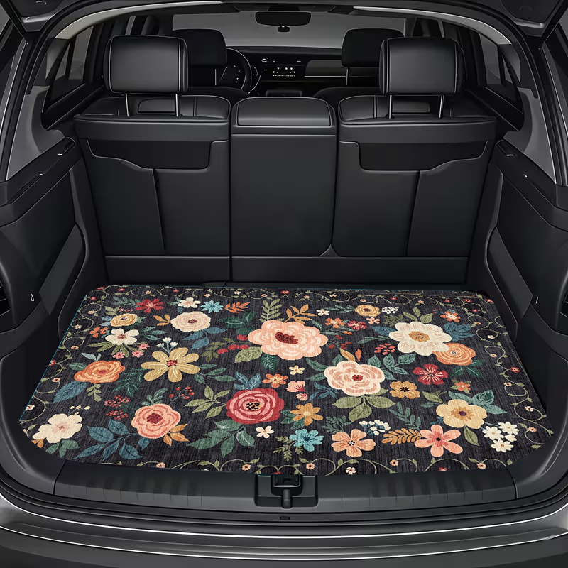 TEMU 1pc, Waterproof Trunk Mat, Car Cargo Liner, Universal Fit For Suvs And Sedans, Floral Pattern With Multicolor Roses And Leaves On Dark