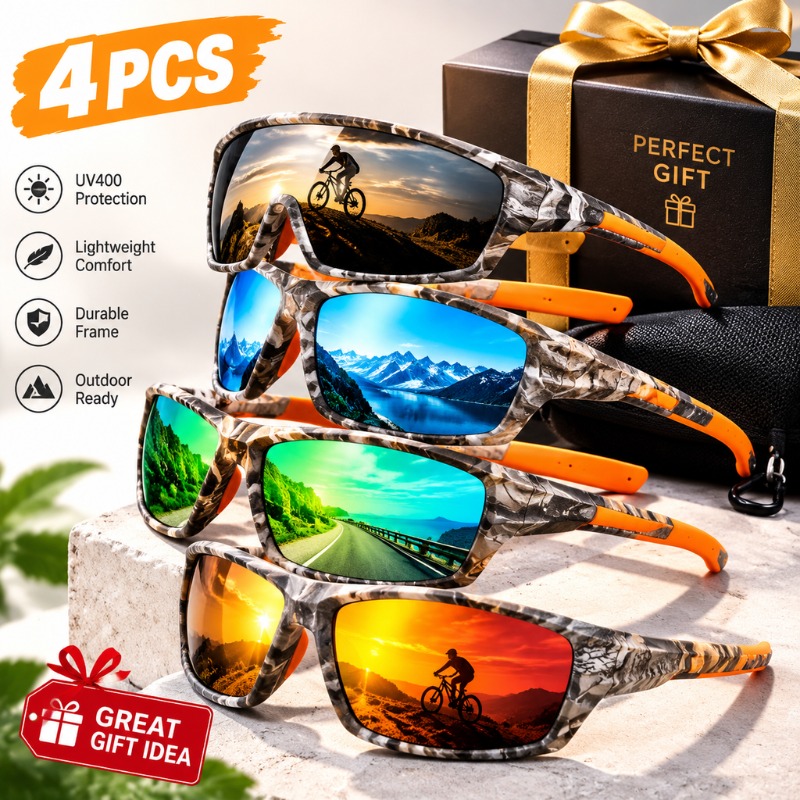 TEMU 4pcs Random Color Unisex Camouflage Sunglasses, Christmas Halloween Pumpkin Costume Decor, Uv400 Protection, Daily Gift For Cycling Fishing
