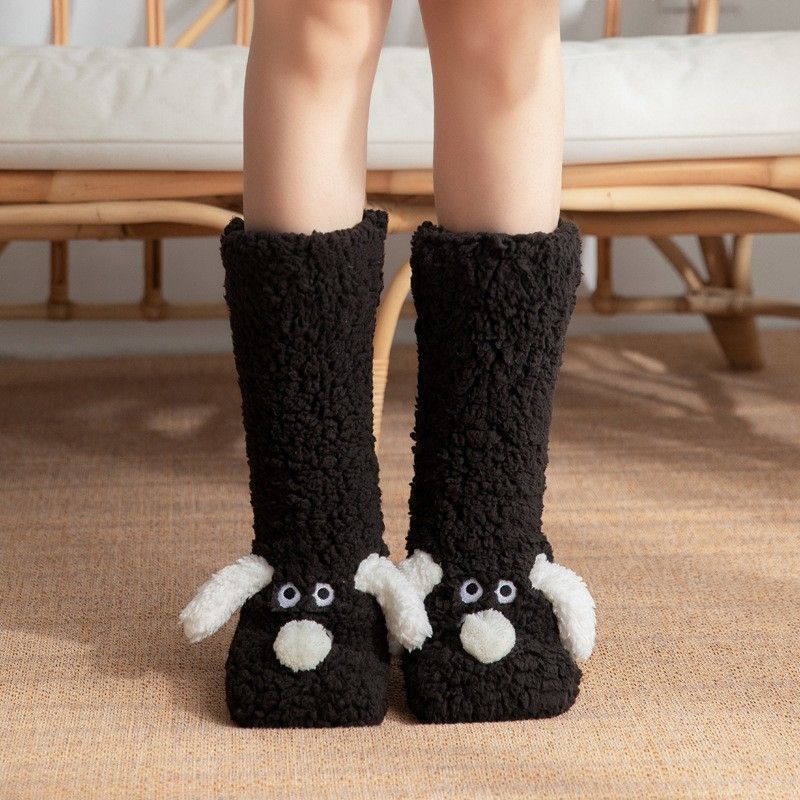 TEMU 1 Pair Black/apricot/ Puppy Floor Socks, Non-shedding Machine Washable, Cartoon Animal Plush Socks, Warm Comfortable Indoor Winter Casual Sleep