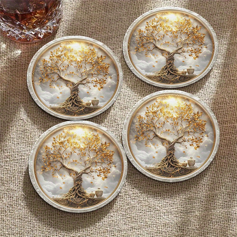 TEMU Set Of 4 Bohemian Style Round Wooden Coasters - Featuring A Tree Of , Coffee Drinks, Ideal For Restaurant And Kitchen Decor, Bohemian Coasters |