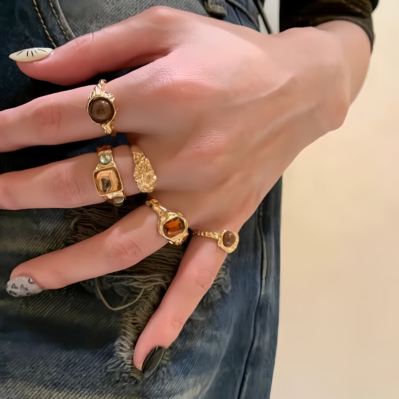 TEMU Juego de 5 anillos apilables estilo para mujer con patrones geométricos envejecidos para dedos índices, con un de diseño de , lujo vintage y de