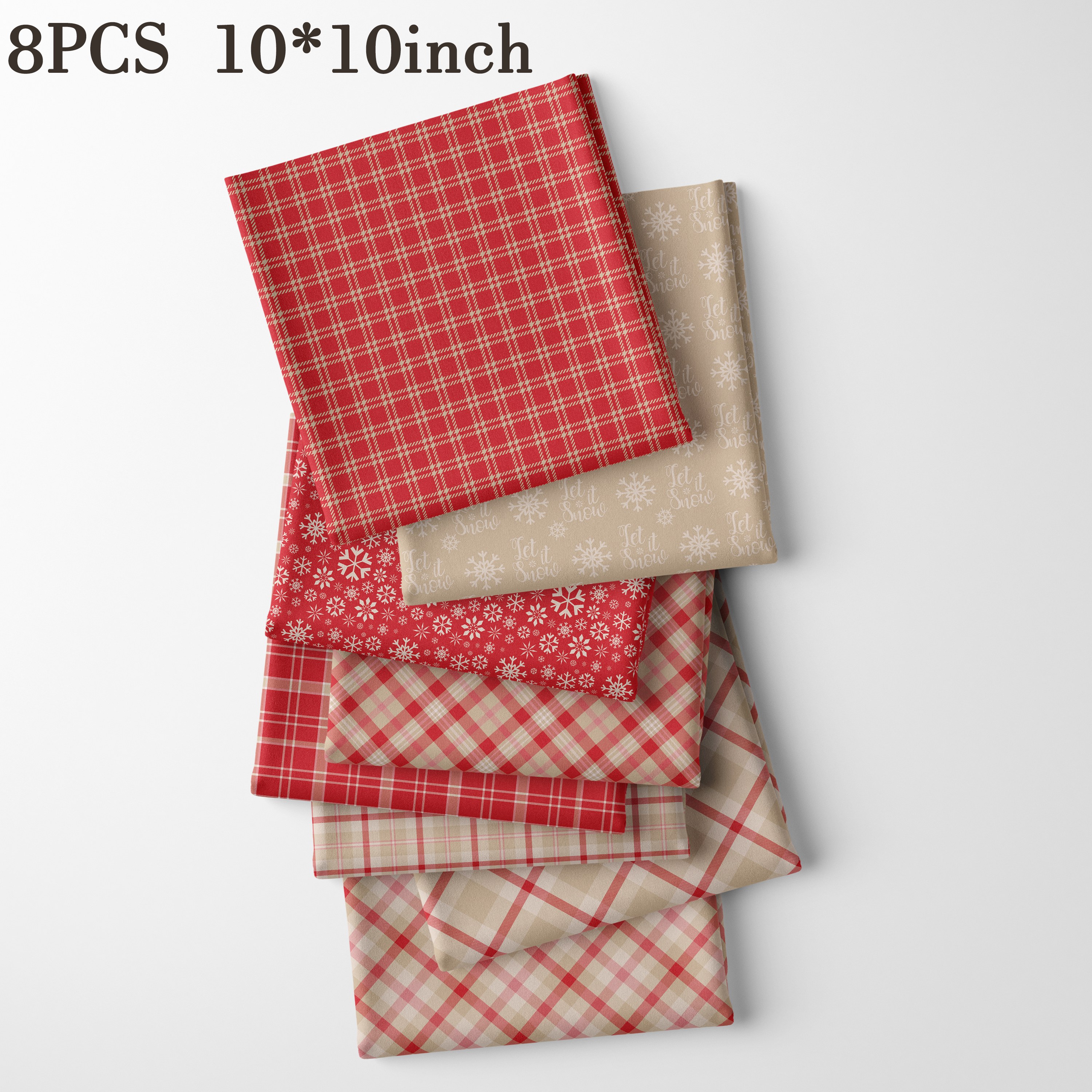 TEMU 8 pezzi di tessuto da 10" X 10" per quilting, tra cui plaid, a quadri, a quadri rossi solidi, stampa a di , texture a di beige, motivi, tessuto