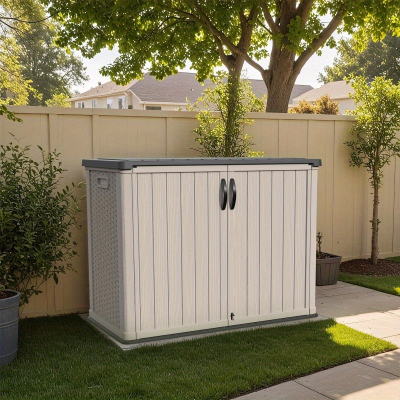 26 Cubic Feet Plastic Outdoor Storage Shed That Is Lockable And Waterproof, Designed for Storing Garden Tools, Garbage Cans, And Pool Supplies, Beige Color, Shelves Not Included