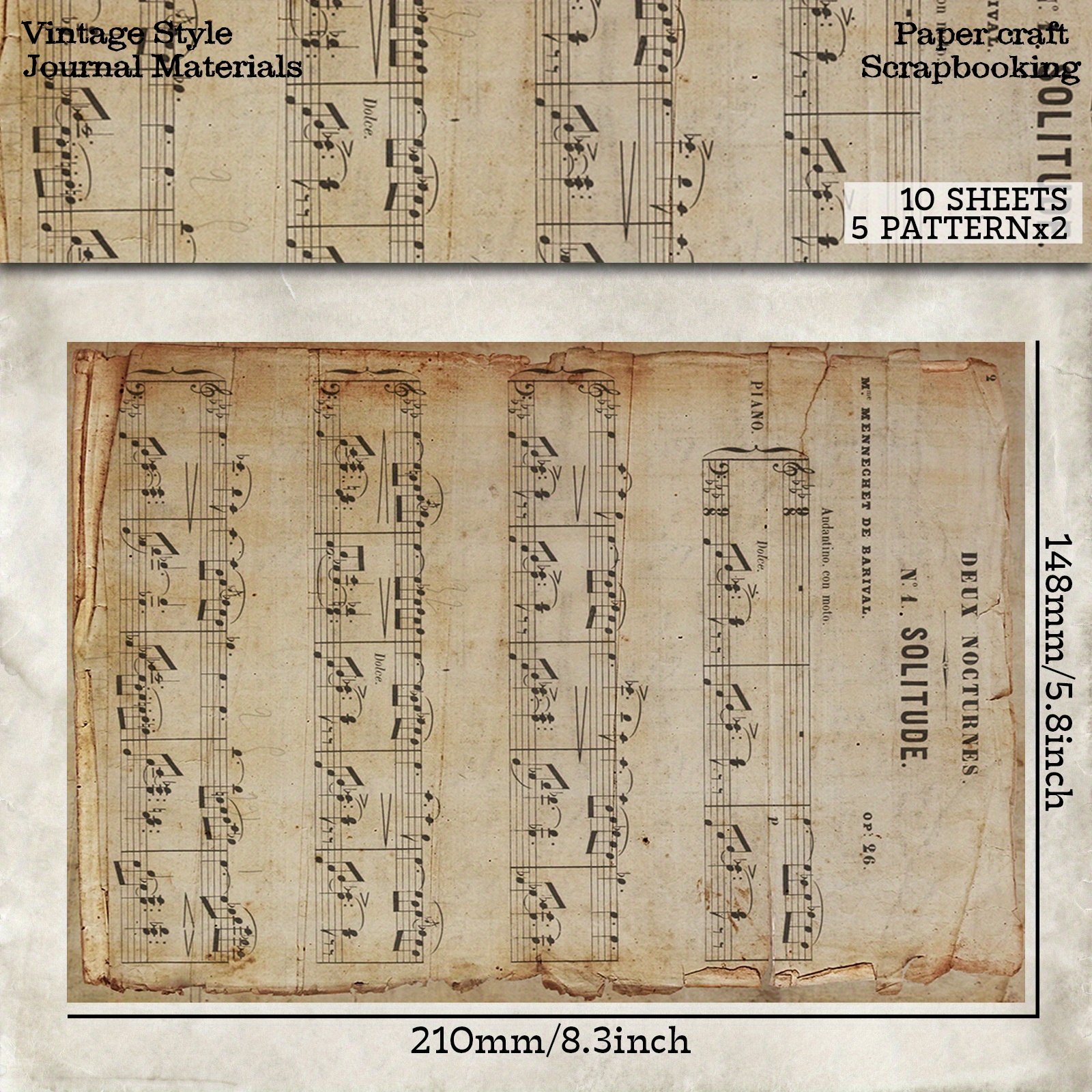 TEMU 10er-Set Vintage-amerikanische Notenblätter, geeignet für Journals, Scrapbooking, DIY-Bastelarbeiten – Retro-Notenpapier mit Notenzeilen & Noten