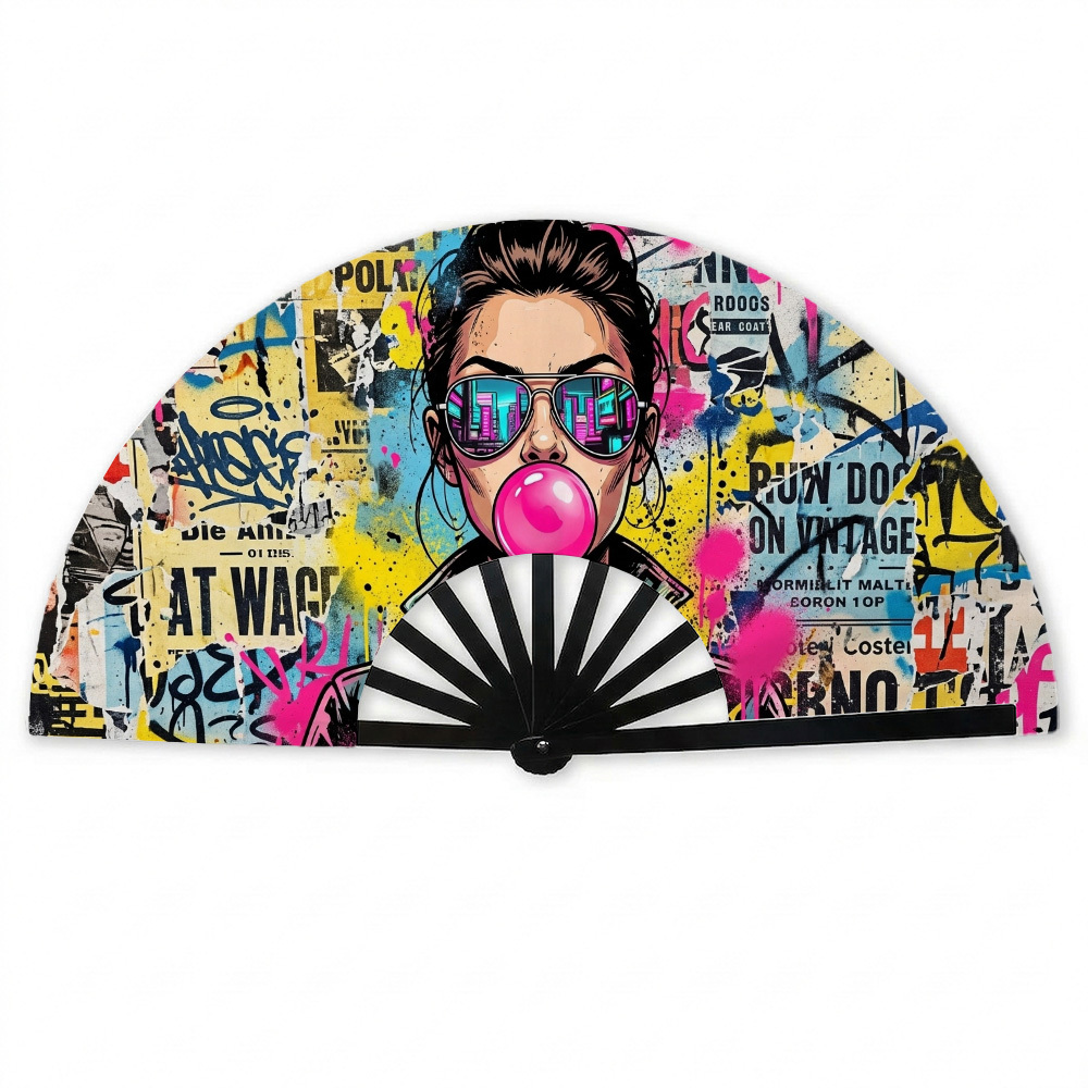 TEMU 1pc Pop Art Graffiti Folding Fan Aviator Bubblegum Printing Suitable For Holiday Props, Party Gifts, Birthday Presents, Music Festivals, Edm,