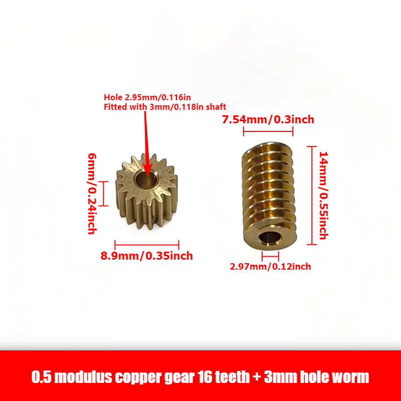 1 vnt. 0,5 modulio 3 mm skylės varinis pavaros komplektas + 1 vnt. 3 mm skylės sliekinės pavaros komplektas