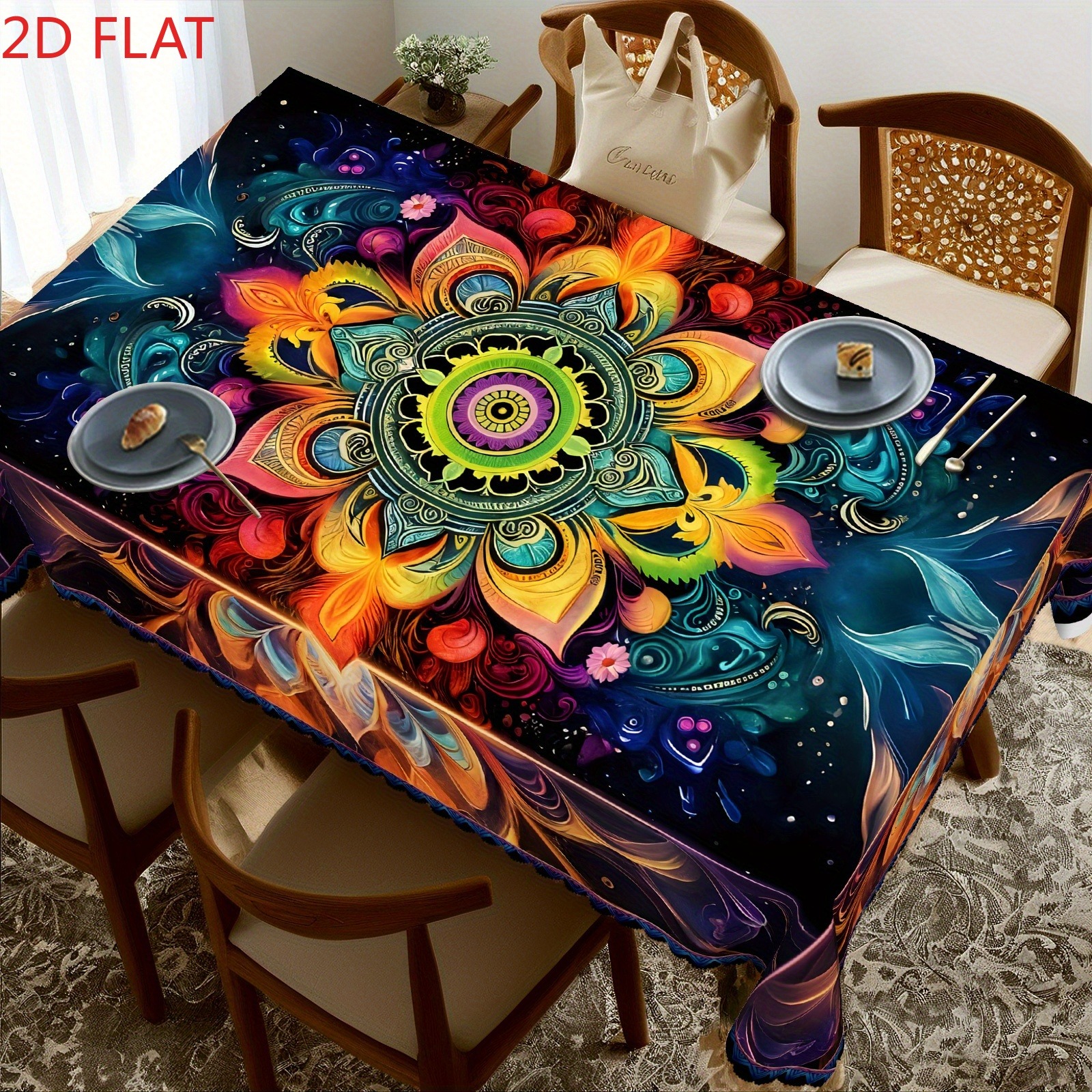 TEMU 1pc Bohemian Style Floral Tablecloth - Vibrant Watercolor Mandala Pattern, Material, Craft, Rectangular Design, Suitable For Coffee Tables, ,