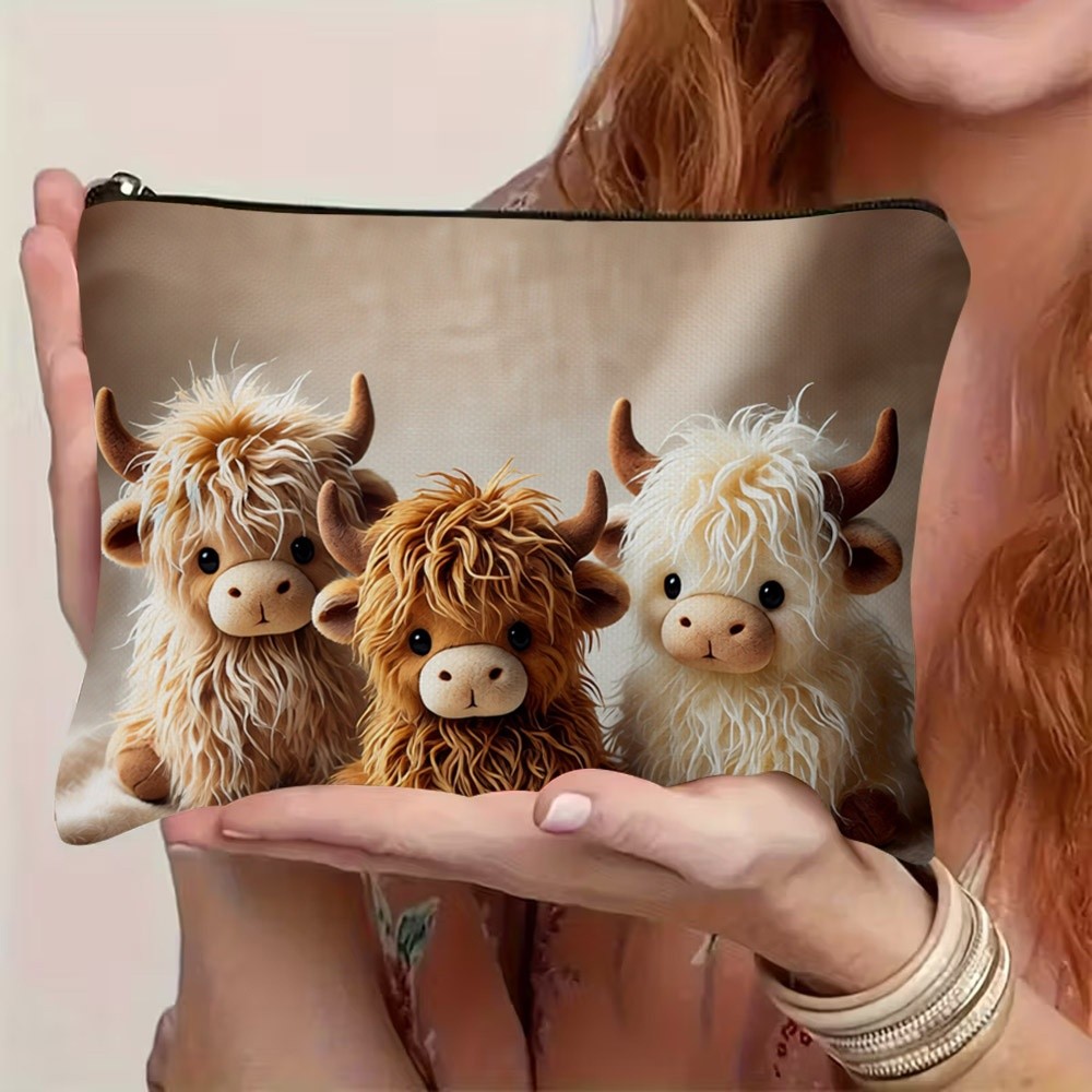 TEMU For Makeup Bag 1pc, Cute Fluffy Toy Cows Cosmetic Bag For Women, Double-sided Print With Zipper Closure, Multi-functional Organizer For Makeup,