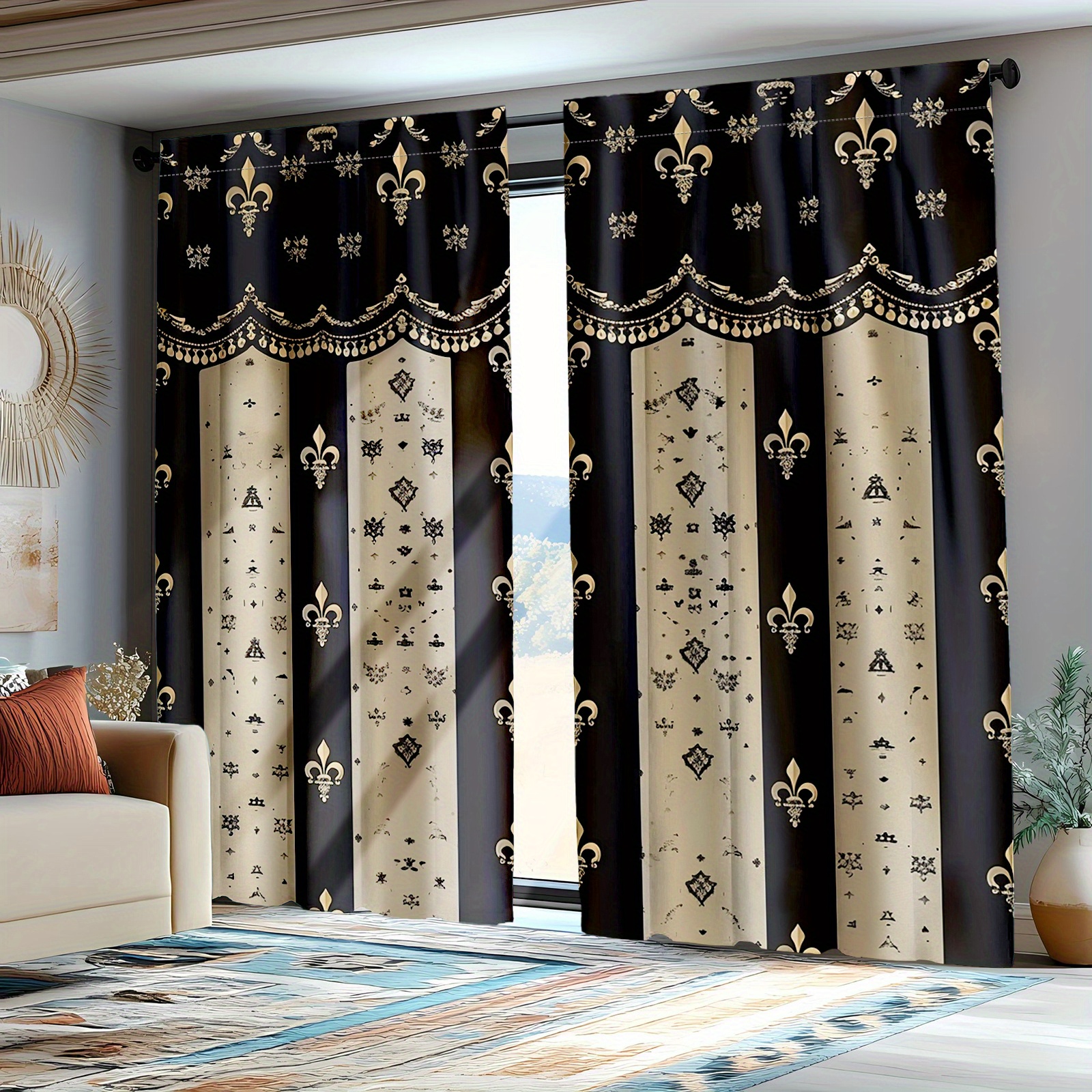 TEMU 2d Flat, 2d Flat 2pcs Bedroom Curtains, Exquisite Lily Print Curtains With Baroque Elements, Suitable For Bedrooms, 2d Flat