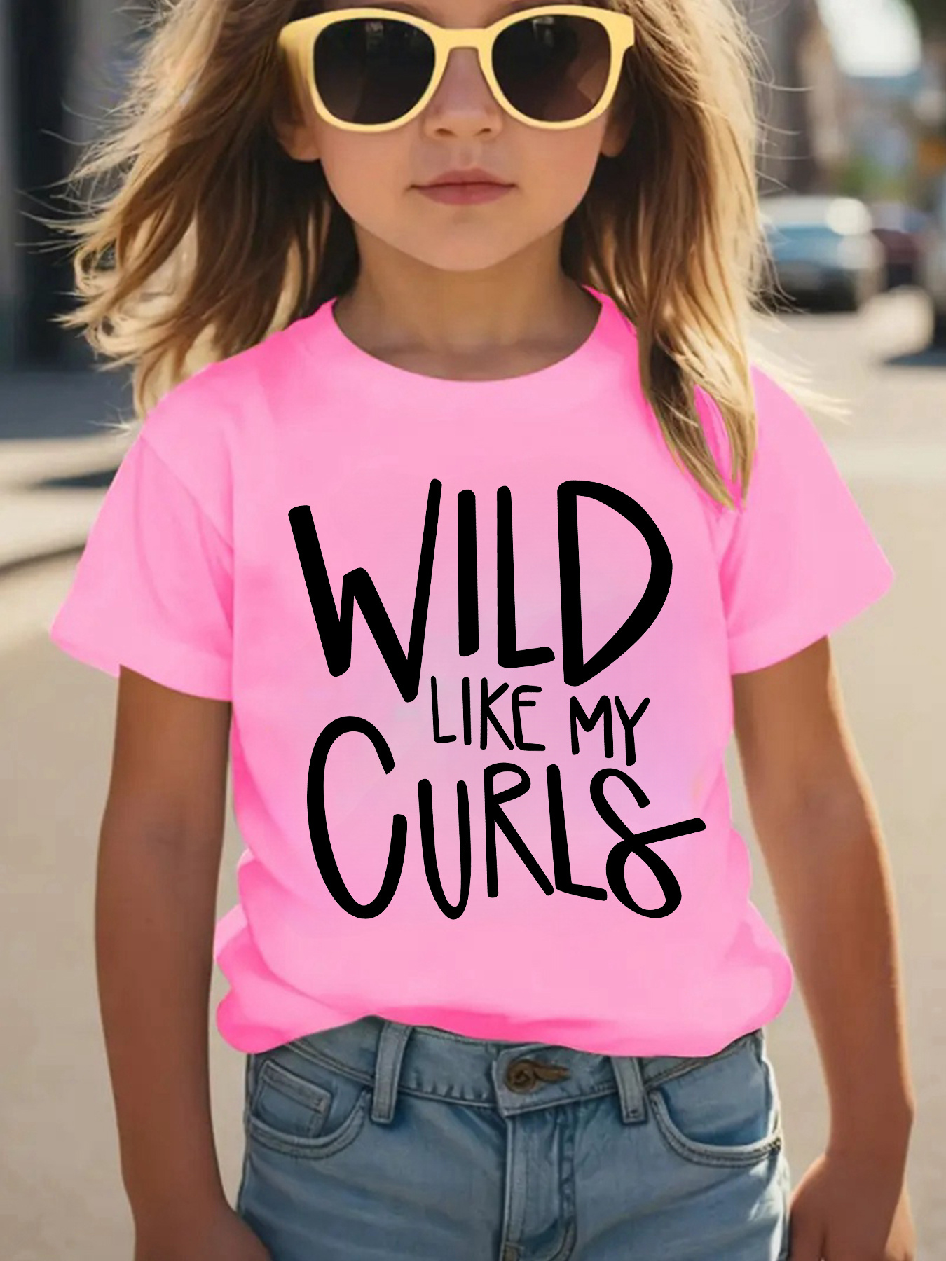 Girls' Summer Fashion Short Sleeve T-Shirt "Wild Like My Curls" Letter Print Casual Versatile Top DX2660
